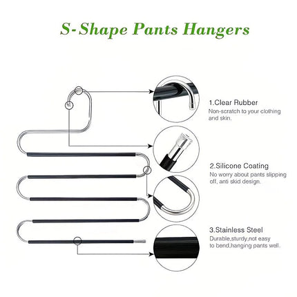 3 Pack Multi-Layer Stainless Steel Metal Pants Hangers, Bedroom Storage, S-Shaped Anti-Slip No-Mark, Space Saving, Closet Storage Rack, Pants Jeans Scarves Hanging, Black Version.
