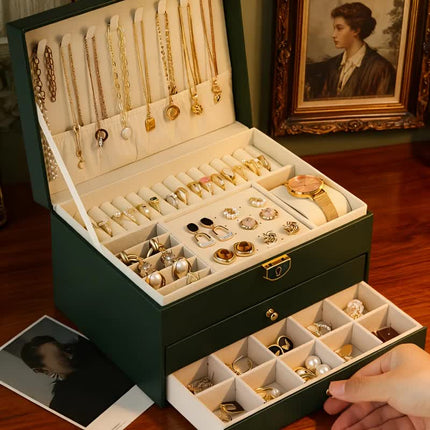 Dark green Multi - layer Jewelry Storage Box: Velvet Lining, Three - layer Zoning, Double - drawer Storage for Accessories.