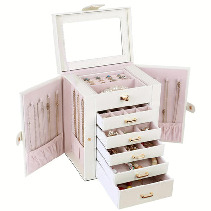 Women's Multi-functional Jewelry Box: Built-in Mirror, Multi-layer Drawer Storage, Side Hooks to Prevent Tangling and Protect Accessories.White.