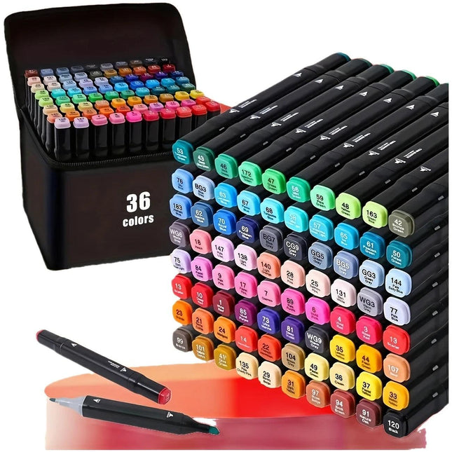 36-color dual-tip markers, featuring fine and broad tips, quick-drying, suitable for student drawing and hand sketching, offering smooth color application and no bleed-through on paper..