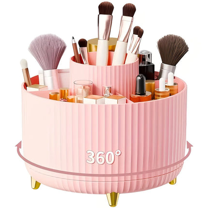 Pink 360-Degree Rotating Cosmetic Organizer – 1 Plastic Makeup Storage Box with 5 Compartments – Multi-Purpose Holder for Brushes, Lipsticks, Skincare Products, and Stationery – Durable Odor-Free Desktop Storage Container with Luxurious Stripe Design.