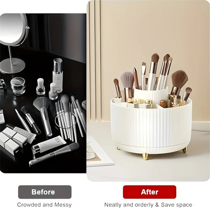 Pink 360-Degree Rotating Cosmetic Organizer – 1 Plastic Makeup Storage Box with 5 Compartments – Multi-Purpose Holder for Brushes, Lipsticks, Skincare Products, and Stationery – Durable Odor-Free Desktop Storage Container with Luxurious Stripe Design.