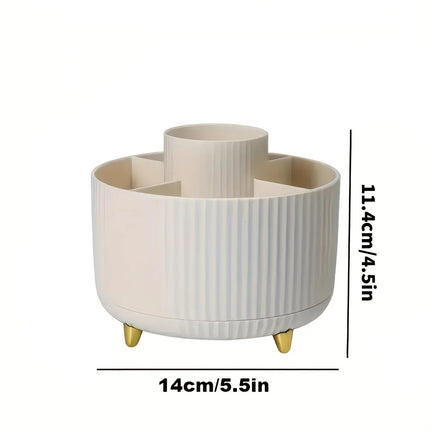 Pink 360-Degree Rotating Cosmetic Organizer – 1 Plastic Makeup Storage Box with 5 Compartments – Multi-Purpose Holder for Brushes, Lipsticks, Skincare Products, and Stationery – Durable Odor-Free Desktop Storage Container with Luxurious Stripe Design.