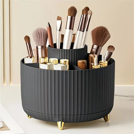 Pink 360-Degree Rotating Cosmetic Organizer – 1 Plastic Makeup Storage Box with 5 Compartments – Multi-Purpose Holder for Brushes, Lipsticks, Skincare Products, and Stationery – Durable Odor-Free Desktop Storage Container with Luxurious Stripe Design.