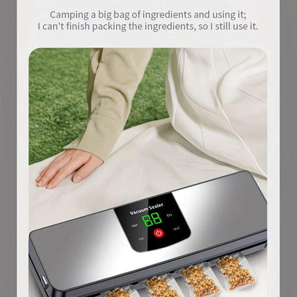 silver Rechargeable Vacuum Sealer with USB Port, designed for preserving food in both dry and wet environments, equipped with an LED screen, ideal for travel and camping..