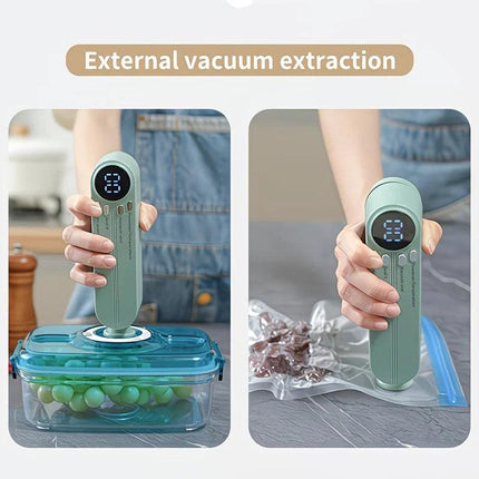 USB Rechargeable Portable Vacuum Sealer, includes sealing bags and a rapid vacuum pump. Space-saving design, suitable for vacuum packing snacks, meat, fruits, and vegetables for food preservation.GREEN.