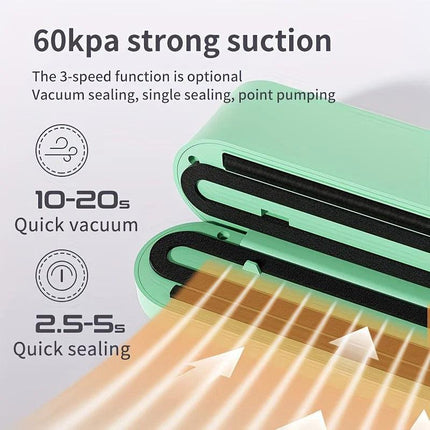 USB Rechargeable Portable Vacuum Sealer, includes sealing bags and a rapid vacuum pump. Space-saving design, suitable for vacuum packing snacks, meat, fruits, and vegetables for food preservation.GREEN.
