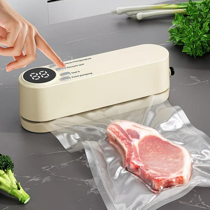 USB Rechargeable Portable Vacuum Sealer, includes sealing bags and a rapid vacuum pump. Space-saving design, suitable for vacuum packing snacks, meat, fruits, and vegetables for food preservation.GREEN.