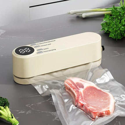 beige.USB Rechargeable Portable Vacuum Sealer, includes sealing bags and a rapid vacuum pump. Space-saving design, suitable for vacuum packing snacks, meat, fruits, and vegetables for food preservation..