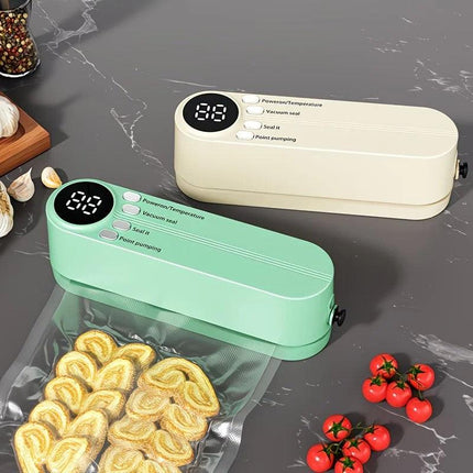 beige.USB Rechargeable Portable Vacuum Sealer, includes sealing bags and a rapid vacuum pump. Space-saving design, suitable for vacuum packing snacks, meat, fruits, and vegetables for food preservation..