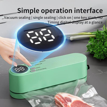 beige.USB Rechargeable Portable Vacuum Sealer, includes sealing bags and a rapid vacuum pump. Space-saving design, suitable for vacuum packing snacks, meat, fruits, and vegetables for food preservation..