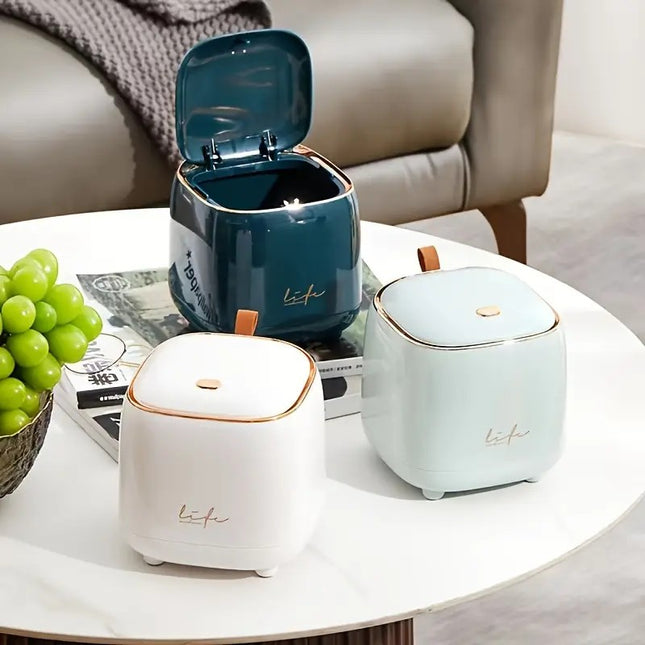 WHITE Press-Type Trash Bag Bin, Luxury Waste Bin, Car/Home/Office/Desktop/Dining Table Storage Cylinder Trash Can, Creative Flip-Top Square Storage Box, Side Table with Lid Storage Bucket.