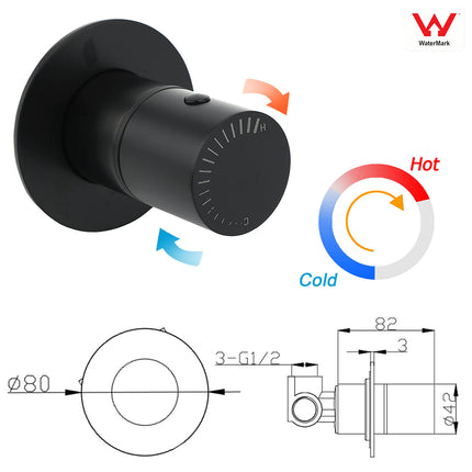 Watermark Matt Black Round Bath Shower Mixer Hot Cold Tap Valve Turn No Handle.