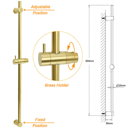 Brushed Gold Brass 850mm Long Sliding Rail Bar Swivel Handheld Shower Holder Kit.