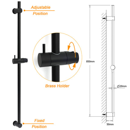 Matt Black Solid Brass 850mm Long Sliding Rail Bar Swivel Handheld Shower Holder.