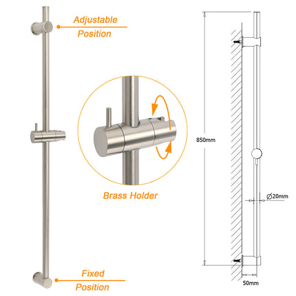 Solid Brass Brushed Nickel Long Sliding Rail Bar Swivel Handheld Shower Holder.
