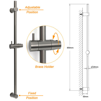 Gun Metal Grey Brass 850mm Long Sliding Rail Bar Swivel Handheld Shower Holder Bracket.
