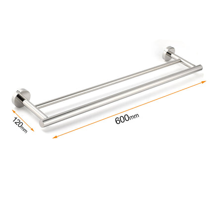 Polished Chrome 600mm Double Towel Rack Holder Stainless Steel Hanger Rail Kit.