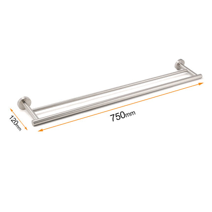 Brushed Nickel 750mm Double Towel Rack Rail Holder Round Hanger Bar Wall Mounted.