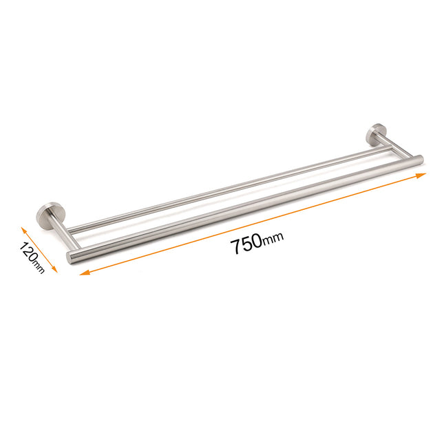 Brushed Nickel 750mm Double Towel Rack Rail Holder Round Hanger Bar Wall Mounted.