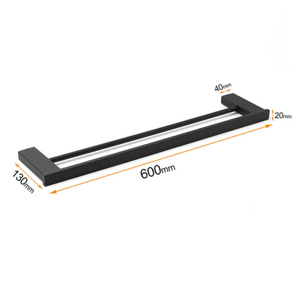 Matt Black Cubic Square 600mm Double Towel Rail Rack Hanger Holder Bar Wall Kit.