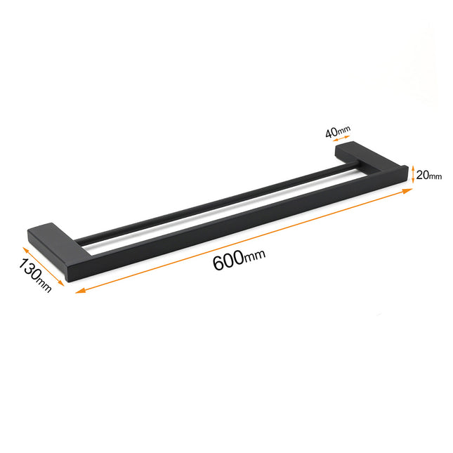 Matt Black Cubic Square 600mm Double Towel Rail Rack Hanger Holder Bar Wall Kit.