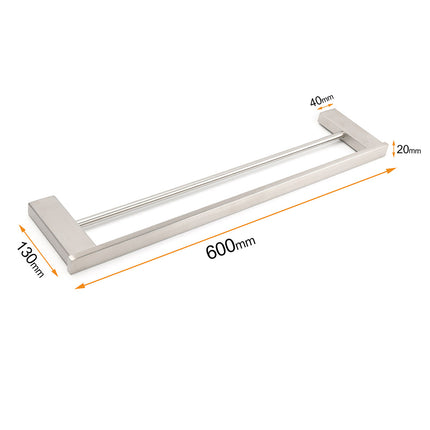 Brushed Nickel Square Towel Rail Rack 600mm Double Hanger Holder Bar Bathroom.