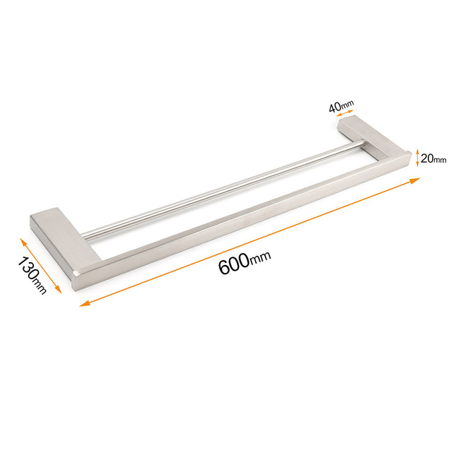 Brushed Nickel Square Towel Rail Rack 600mm Double Hanger Holder Bar Bathroom.