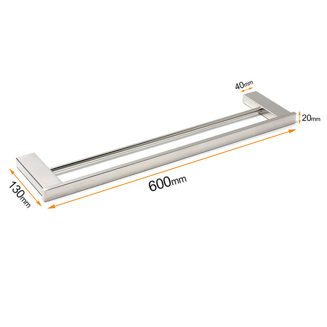 Bathroom Polish Chrome Square Towel Rail Rack 600mm Double Hanger Holder Bar.