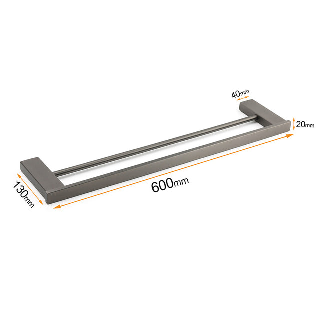 Gun Metal Grey Square Strong Towel Rail Rack 600mm Double Hanger Holder Bar Kit.