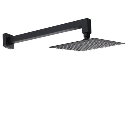 Matt Black Square 8" Rainfall Shower Head & 400mm Brass Straight Wall Mount Arm Set.