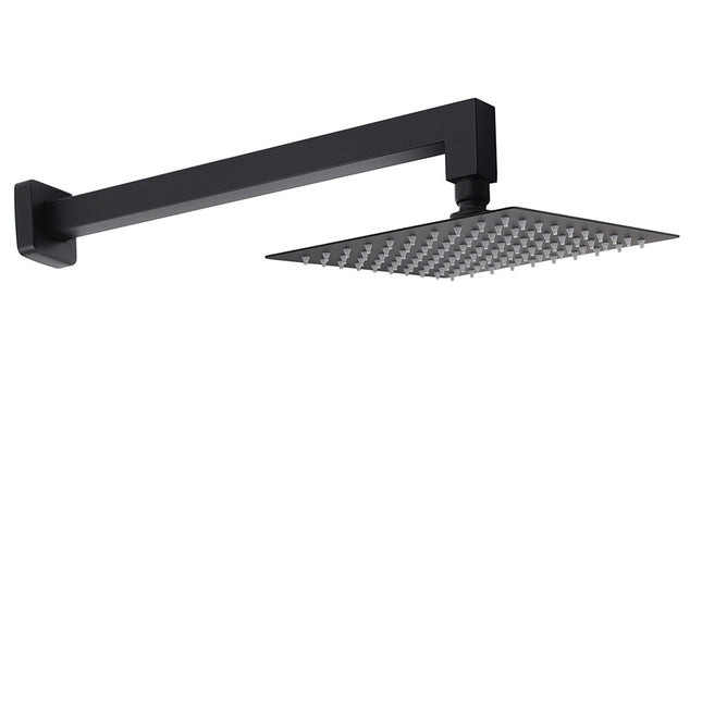 Matt Black Square 8" Rainfall Shower Head & 400mm Brass Straight Wall Mount Arm Set.