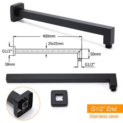 Matt Black Square 8" Rainfall Shower Head & 400mm Brass Straight Wall Mount Arm Set.