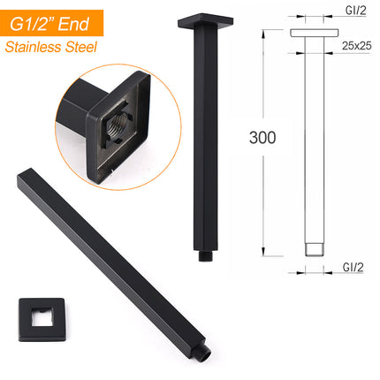 Matt Black 16" Large Rainfall Shower Head 300mm Ceiling Dropper Arm Square Mixer Taps.