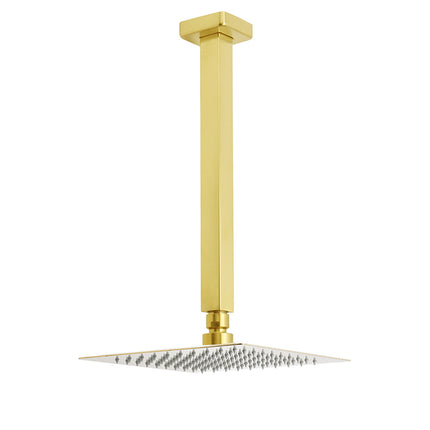 WELS Brushed Gold Square 8" Rain Shower Head 300mm Brass Ceiling Dropper Arm Set.