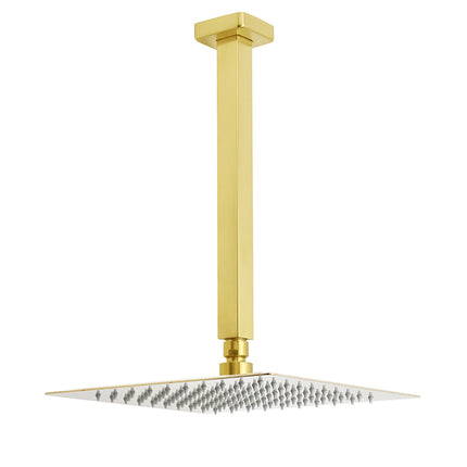 Brushed Gold Square 10" Rainfall Shower Head 30cm Ceiling Dropper Extension Arm Set.