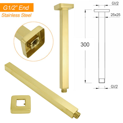 Brushed Gold Square 10" Rainfall Shower Head 30cm Ceiling Dropper Extension Arm Set.