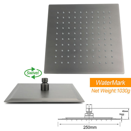 Gun Metal Square 10" Rainfall Shower Head 300mm Ceiling Dropper Arm Bath Set WELS.