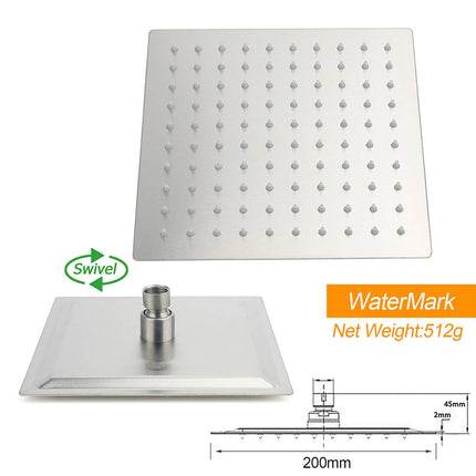 Brushed Nickel Square 8" Rain Shower Head 300mm Brass Ceiling Dropper Arm Set.