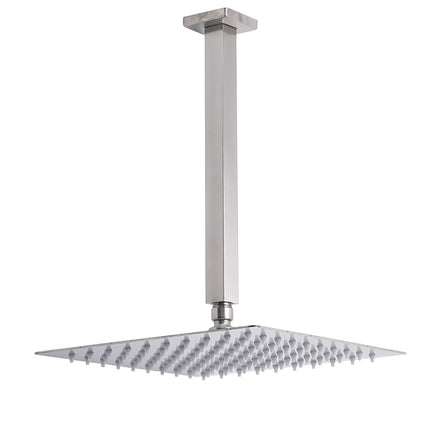 Brushed Nickel Square 12" Rain Shower Head 300mm Brass Ceiling Dropper Arm Set.