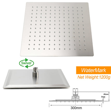 Brushed Nickel Square 12" Rain Shower Head 300mm Brass Ceiling Dropper Arm Set.