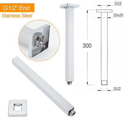 WELS 16" Rainfall Shower Head 300mm Ceiling Dropper Extension Arm Chrome Square Set.