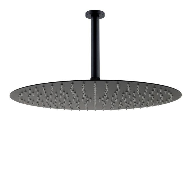 Matt Black Round 16" Extra Large Rain Shower Head 300mm Ceiling Dropper Arm Set.