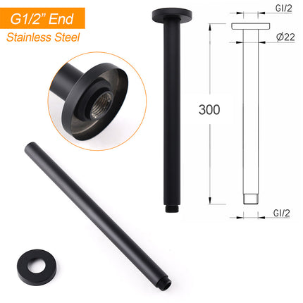 Matt Black Round 16" Extra Large Rain Shower Head 300mm Ceiling Dropper Arm Set.