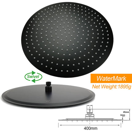 Matt Black Round 16" Extra Large Rain Shower Head 300mm Ceiling Dropper Arm Set.