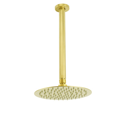 Brushed Gold 8" Round Thin Shower Rain Head 300mm Ceiling Dropper Arm Bath Set.