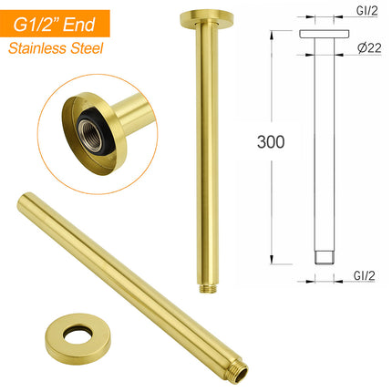 Brushed Gold 8" Round Thin Shower Rain Head 300mm Ceiling Dropper Arm Bath Set.