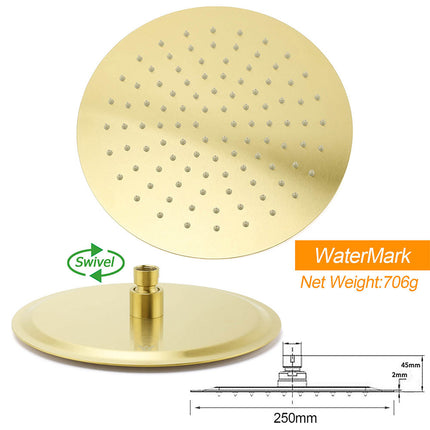 WELS 10" Round Stainless Steel Shower Head Extension Ceiling Arm Set Brushed Gold.