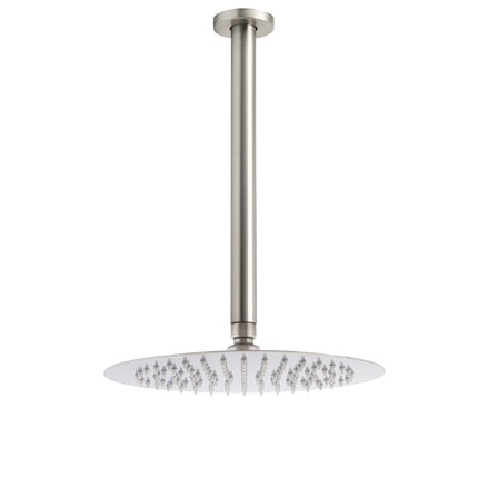 Brushed Nickel Round 10" Shower Rain Head + 300mm Brass Ceiling Dropper Arm Set.