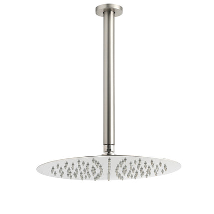Brushed Nickel Round 12" Shower Rain Head + 300mm Brass Ceiling Dropper Arm Set.